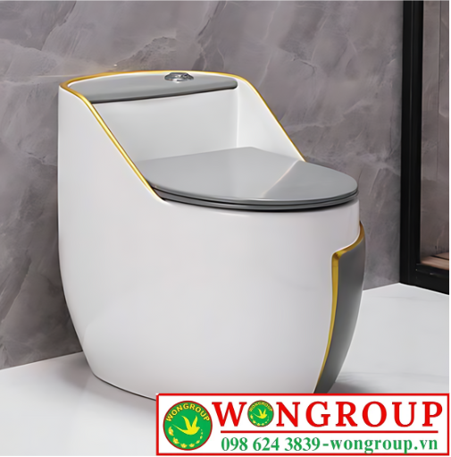 Bồn Cầu 1 Khối Trắng Xám Viền Vàng Nút Xả Lệch WonGroup NV-1051TX