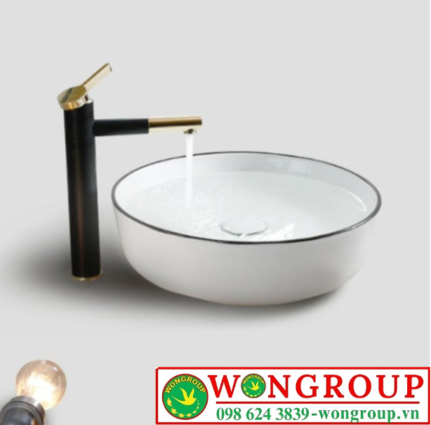 Chậu lavabo đặt bàn tròn sứ trắng viền vàng WonGroup NV-339TD