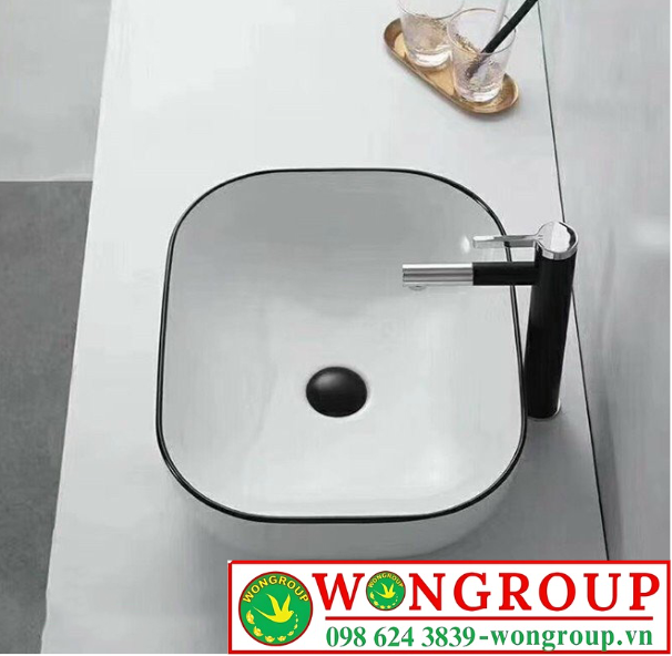 Lavabo đặt bàn vuông giác cạnh sứ trắng viền đen WonGroup NV-435TVDL